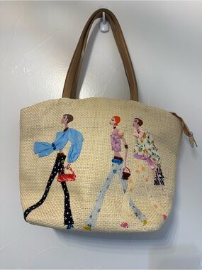 Beige Woven Tote with Illustrated Fashion Figures